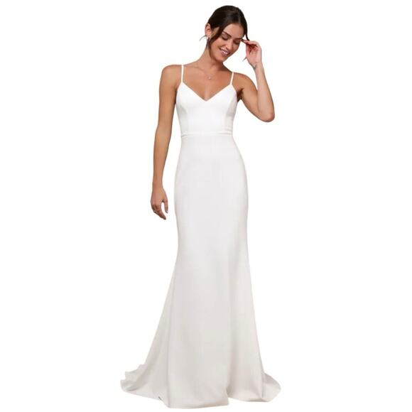 LULUS Elegant White Crepe‎ Mermaid Dress Minimalist Gown Button-Back Detail-Sz M - Picture 1 of 9